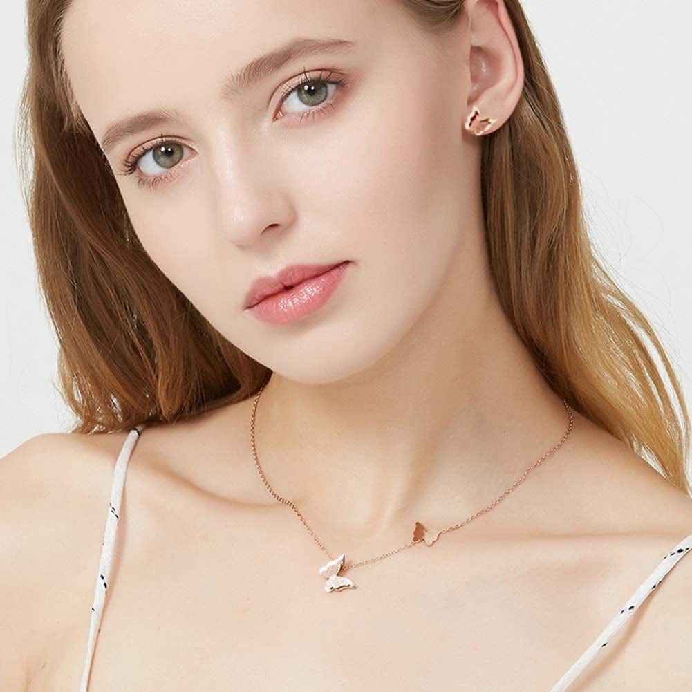 18K Rose Gold Butterfly Stud Earrings Necklace Set for Women
