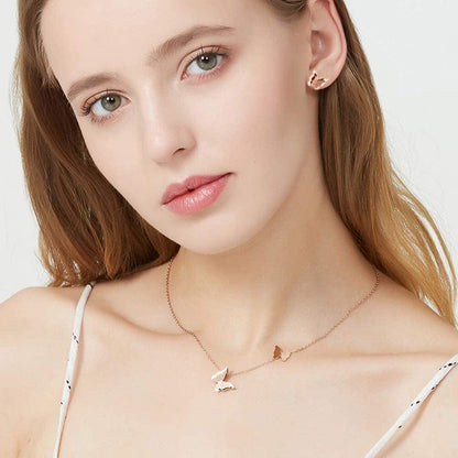 18K Rose Gold Butterfly Stud Earrings Necklace Set for Women