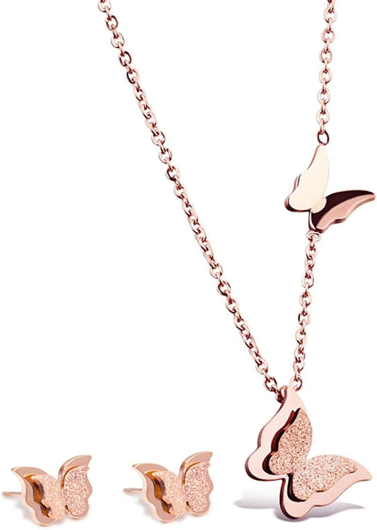 18K Rose Gold Butterfly Stud Earrings Necklace Set for Women small earring + necklace