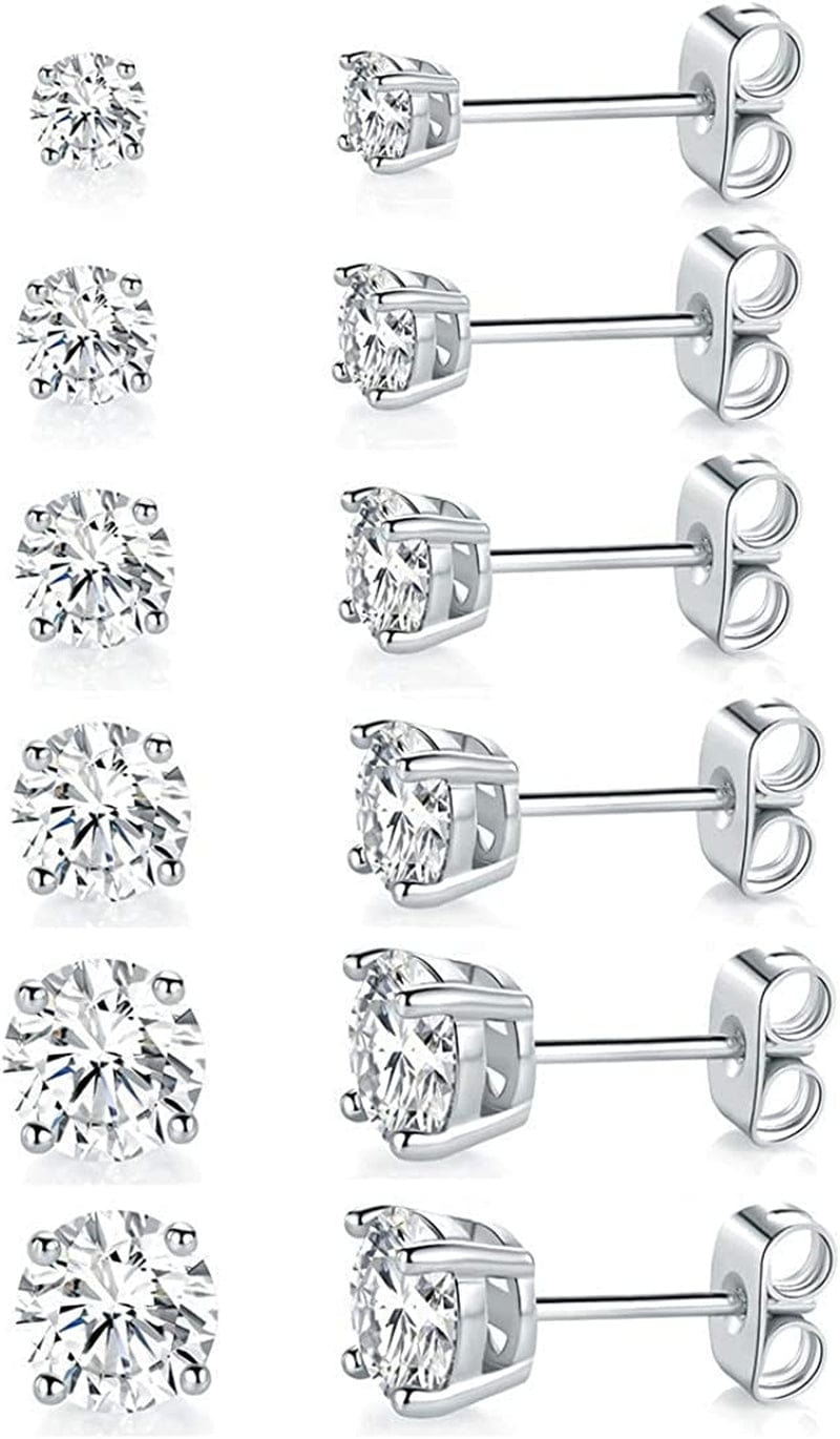 18K White Gold Plated 4 Pong round Clear Cubic Zirconia Stud Earring Pack of 6 Pairs (6 Pairs) Apparel & Accessories > Jewelry > Earrings MDFUN   