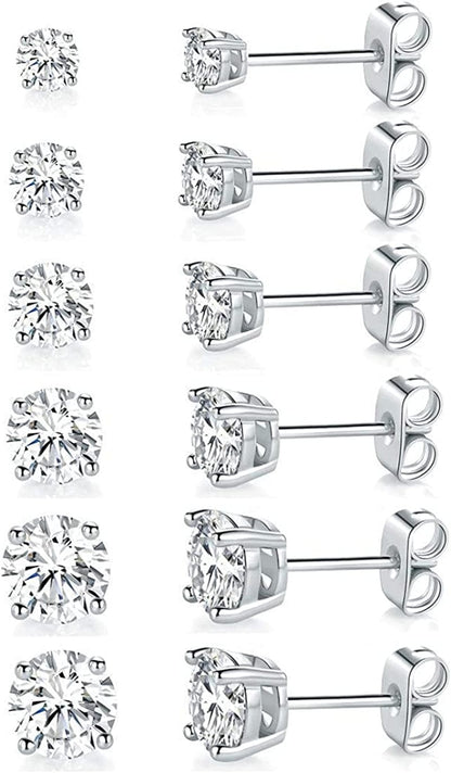 18K White Gold Plated 4 Pong round Clear Cubic Zirconia Stud Earring Pack of 6 Pairs (6 Pairs) Apparel & Accessories > Jewelry > Earrings MDFUN   