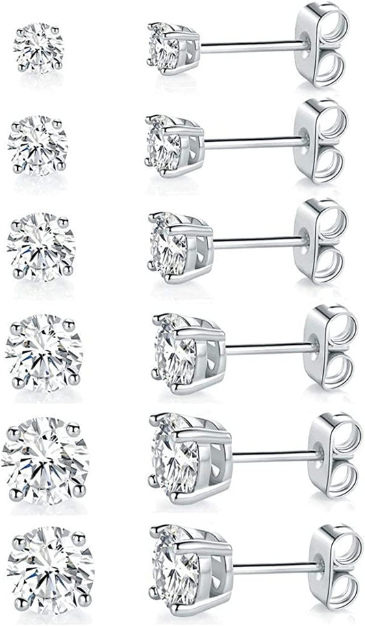 18K White Gold Plated 4 Pong round Clear Cubic Zirconia Stud Earring Pack of 6 Pairs (6 Pairs) Apparel & Accessories > Jewelry > Earrings MDFUN   
