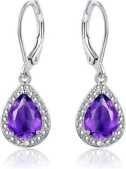 18K White Gold Plated Created Gemstone & Diamond Accent Drop Earrings Amethyst