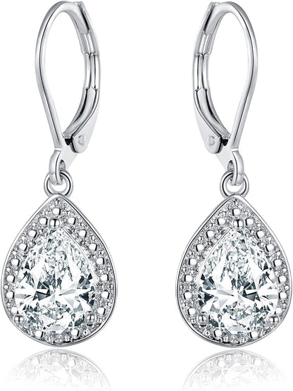 18K White Gold Plated Created Gemstone & Diamond Accent Drop Earrings White Sapphire