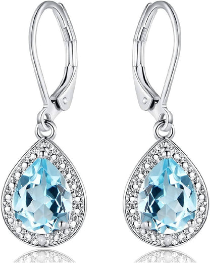 18K White Gold Plated Created Gemstone & Diamond Accent Drop Earrings Blue Topaz