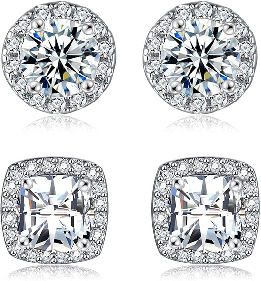18K White Gold Plated round Square Cubic Zirconia Simulated Diamond Halo Stud Earrings (2 Pairs) Apparel & Accessories > Jewelry > Earrings OPOMOMO   