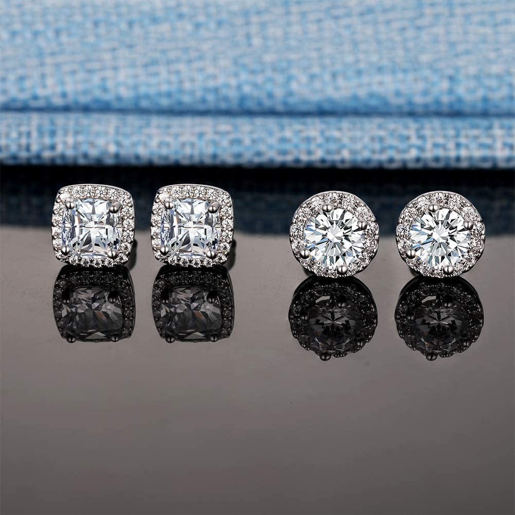 18K White Gold Plated round Square Cubic Zirconia Simulated Diamond Halo Stud Earrings (2 Pairs) Apparel & Accessories > Jewelry > Earrings OPOMOMO   