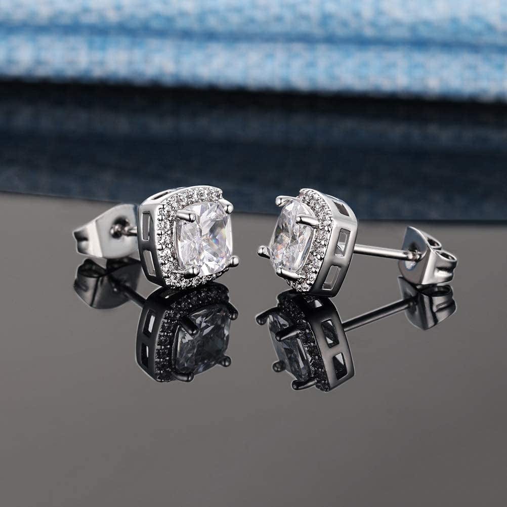 18K White Gold Plated round Square Cubic Zirconia Simulated Diamond Halo Stud Earrings (2 Pairs) Apparel & Accessories > Jewelry > Earrings OPOMOMO   