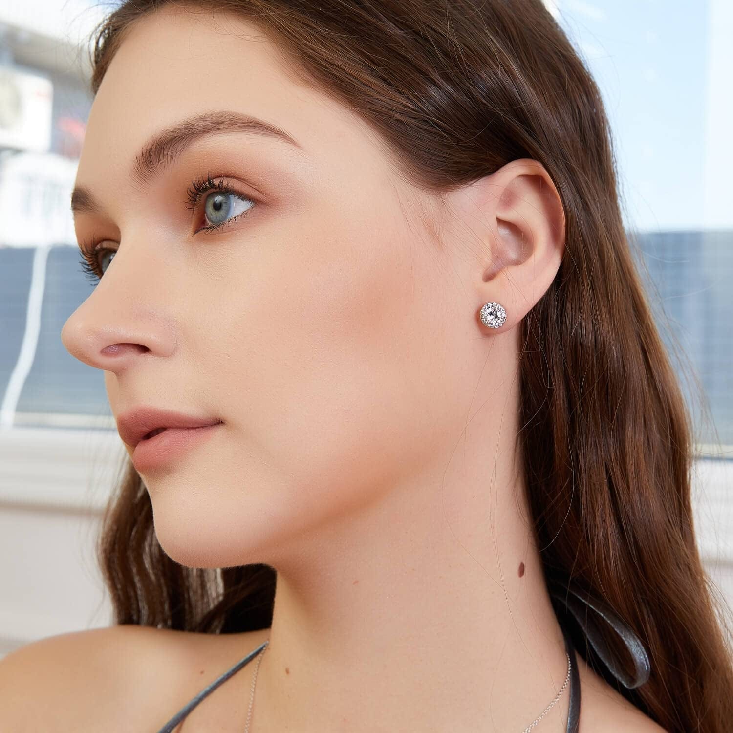 18K White Gold Plated round Square Cubic Zirconia Simulated Diamond Halo Stud Earrings (2 Pairs) Apparel & Accessories > Jewelry > Earrings OPOMOMO   