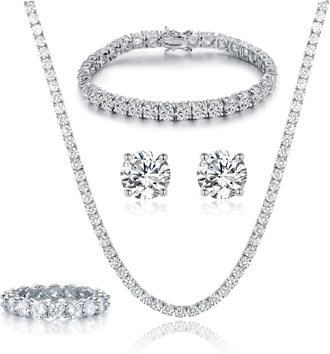 18K White Gold Plated Tennis Necklace/Bracelet/Earrings/Band Ring Sets Hypoallergenic Jewelry Pack of 4 5