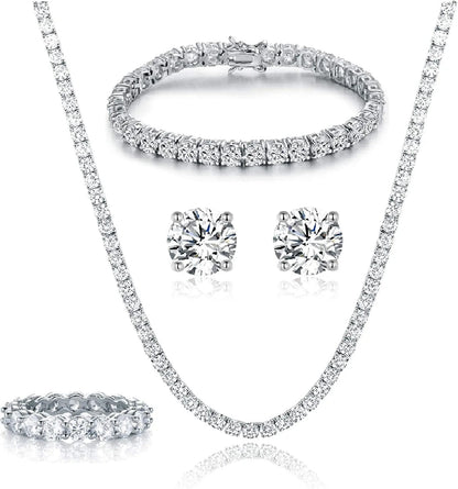 18K White Gold Plated Tennis Necklace/Bracelet/Earrings/Band Ring Sets Hypoallergenic Jewelry Pack of 4 5