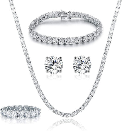 18K White Gold Plated Tennis Necklace/Bracelet/Earrings/Band Ring Sets Hypoallergenic Jewelry Pack of 4 8