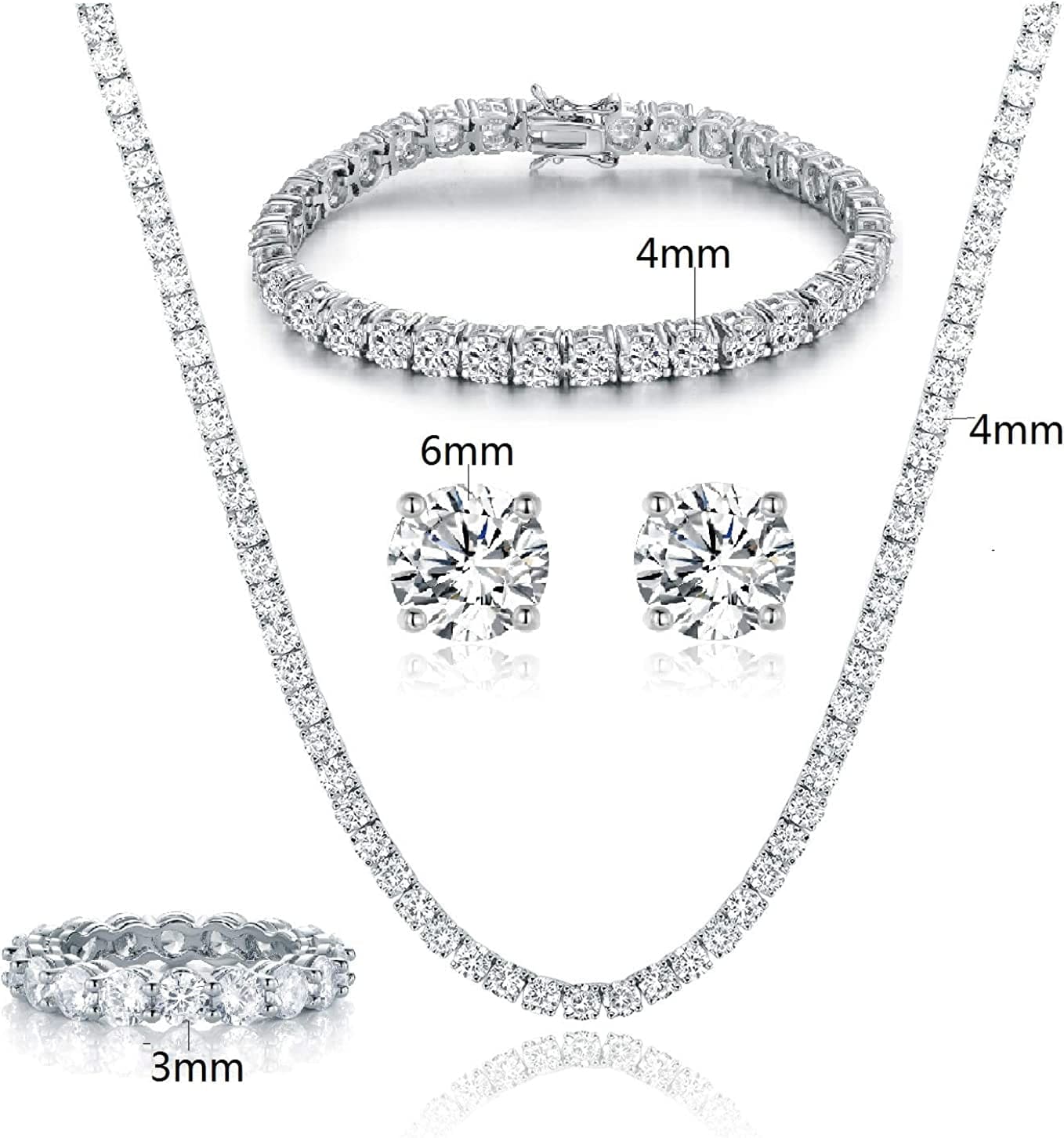 18K White Gold Plated Tennis Necklace/Bracelet/Earrings/Band Ring Sets Hypoallergenic Jewelry Pack of 4