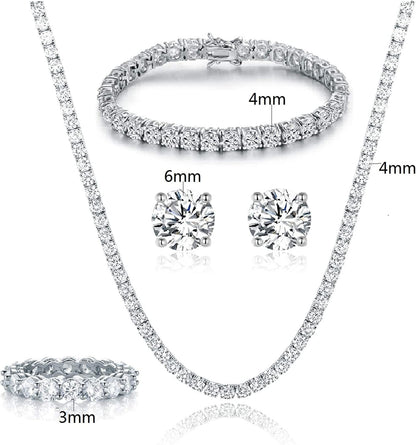 18K White Gold Plated Tennis Necklace/Bracelet/Earrings/Band Ring Sets Hypoallergenic Jewelry Pack of 4
