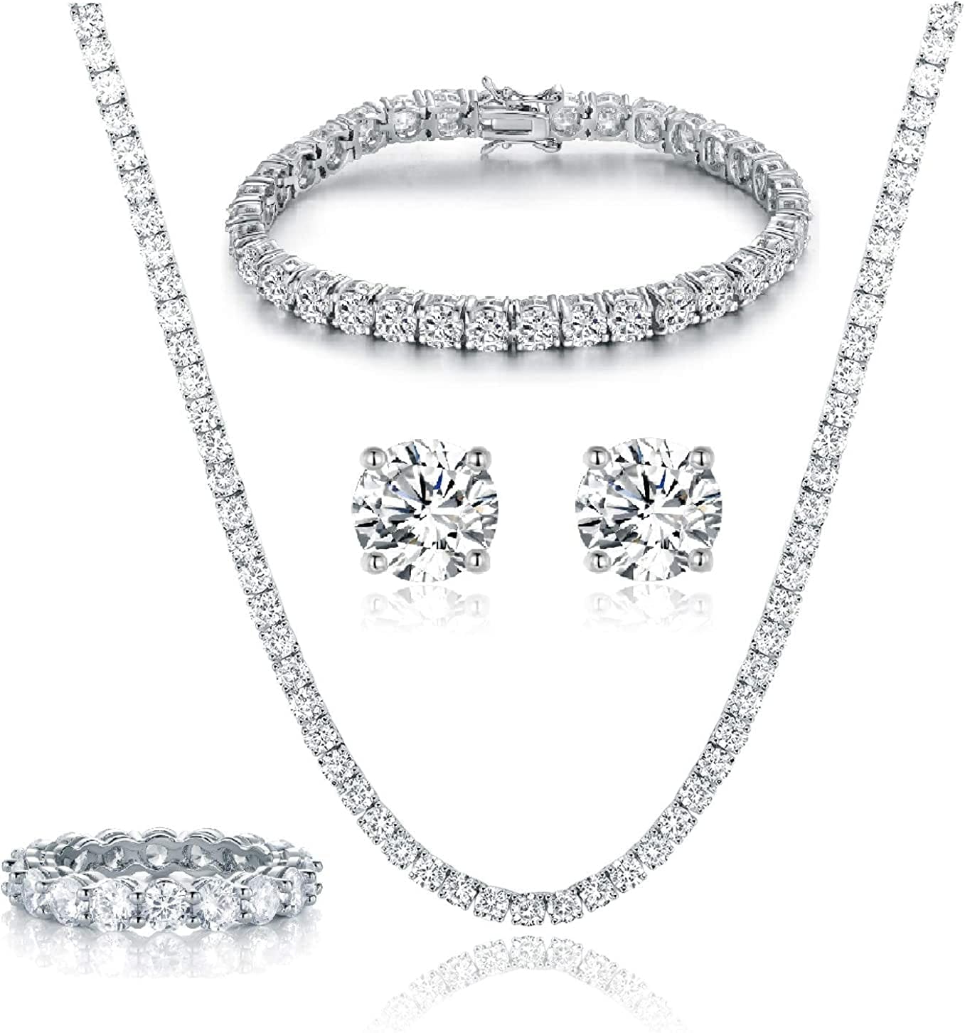 18K White Gold Plated Tennis Necklace/Bracelet/Earrings/Band Ring Sets Hypoallergenic Jewelry Pack of 4 7
