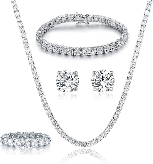 18K White Gold Plated Tennis Necklace/Bracelet/Earrings/Band Ring Sets Hypoallergenic Jewelry Pack of 4 7