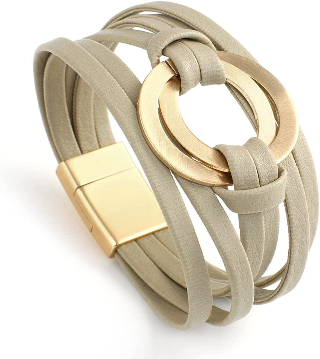 Circle Charm Bracelets for Women Handmade Coffee Leather Wrap Bracelets for Women Teen Girls Bohemian Couples Friendship Bracelet Cuff Bangle with Magnetic Clasp Boho Jewelry Gift for Sisters, Wife and Mother Apparel & Accessories > Jewelry > Bracelets hotoo   