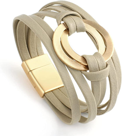 Circle Charm Bracelets for Women Handmade Coffee Leather Wrap Bracelets for Women Teen Girls Bohemian Couples Friendship Bracelet Cuff Bangle with Magnetic Clasp Boho Jewelry Gift for Sisters, Wife and Mother Apparel & Accessories > Jewelry > Bracelets hotoo   