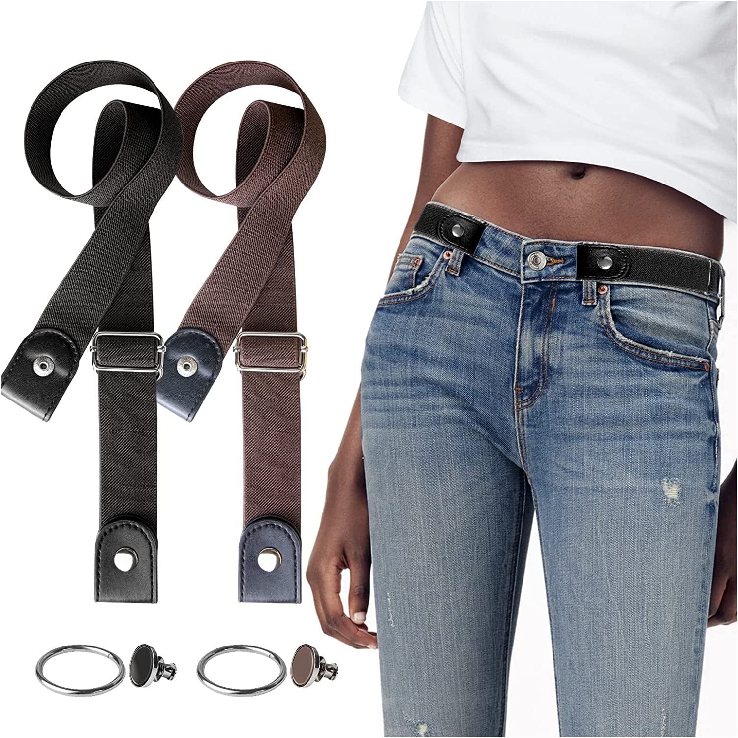 No Buckle Comfortable Elastic Stretch Belts for Womens, Black Elastic Waist Adjustable Invisible Belts for Jeans Pants（2 Sets） Apparel & Accessories > Clothing Accessories > Belts YUNDUOJIA   