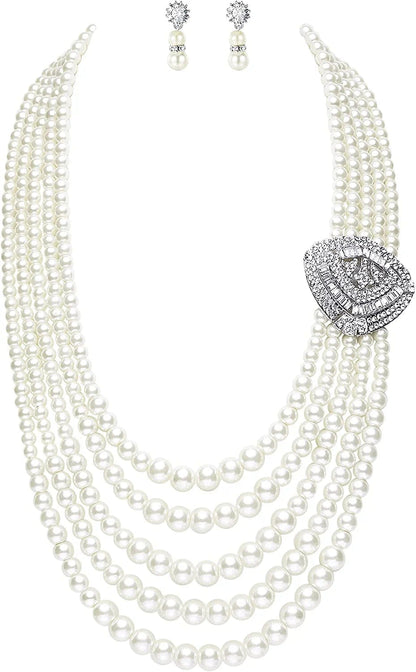 1920S Gatsby Pearl Necklace Vintage Bridal Pearl Necklace Earrings Jewelry Set Multilayer Imitation Pearl Necklace with Brooch Style 5