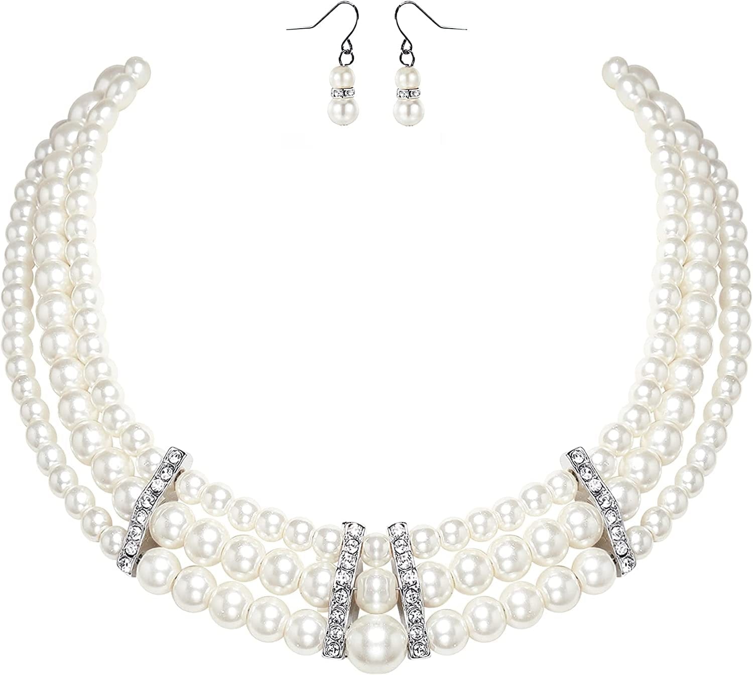 1920S Gatsby Pearl Necklace Vintage Bridal Pearl Necklace Earrings Jewelry Set Multilayer Imitation Pearl Necklace with Brooch Style 6-White
