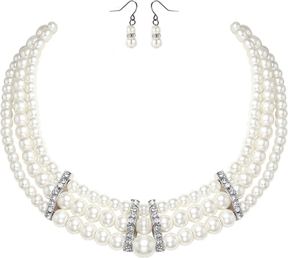 1920S Gatsby Pearl Necklace Vintage Bridal Pearl Necklace Earrings Jewelry Set Multilayer Imitation Pearl Necklace with Brooch Style 6-White