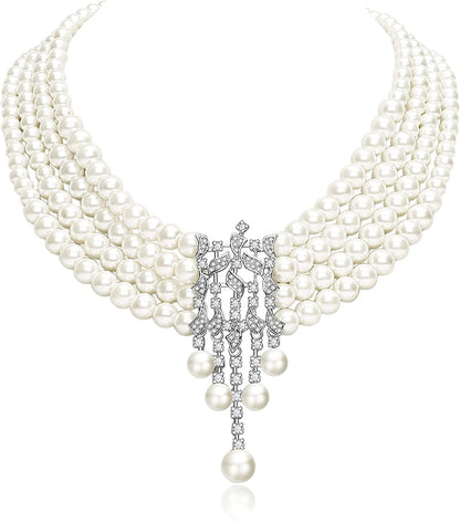 1920S Gatsby Pearl Necklace Vintage Bridal Pearl Necklace Earrings Jewelry Set Multilayer Imitation Pearl Necklace with Brooch Style8-White