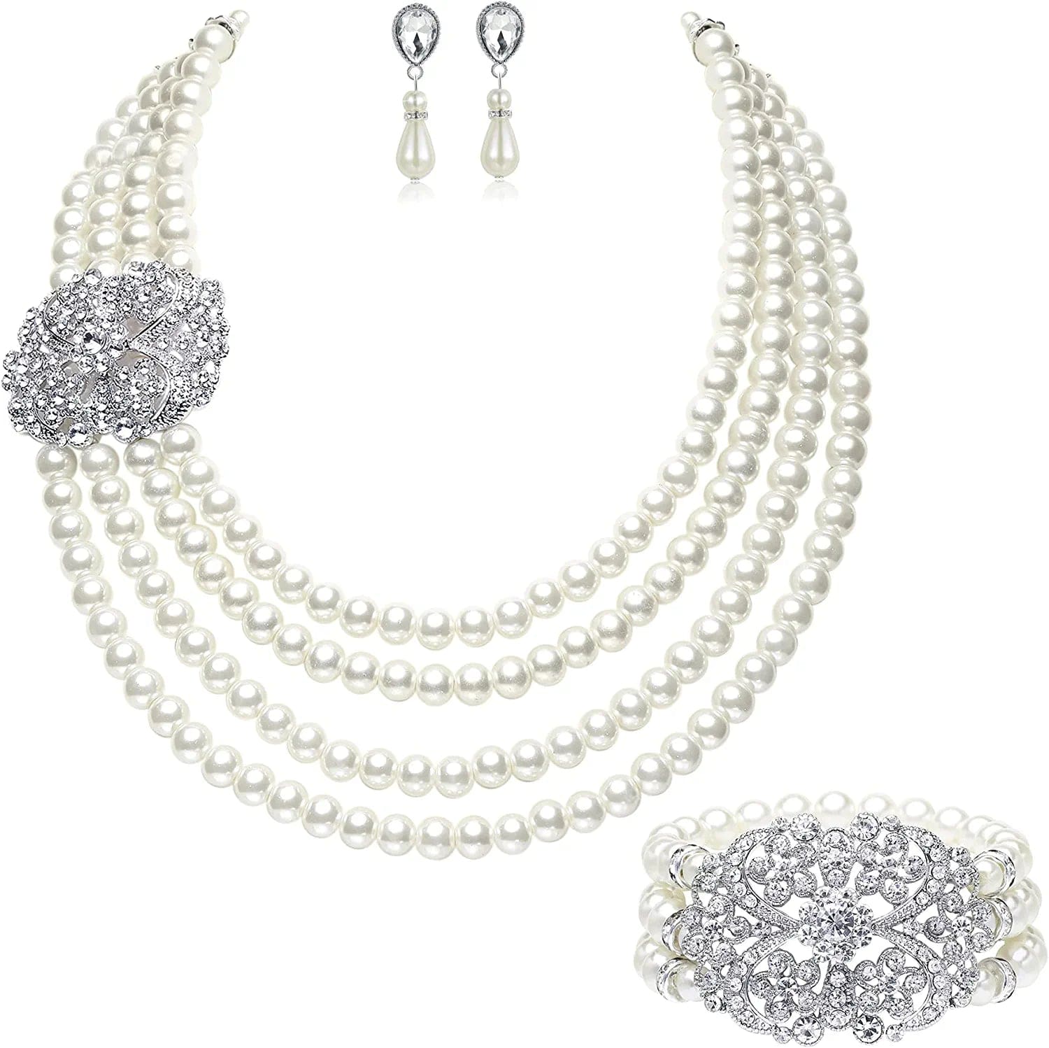 1920S Gatsby Pearl Necklace Vintage Bridal Pearl Necklace Earrings Jewelry Set Multilayer Imitation Pearl Necklace with Brooch Style 4-Silver