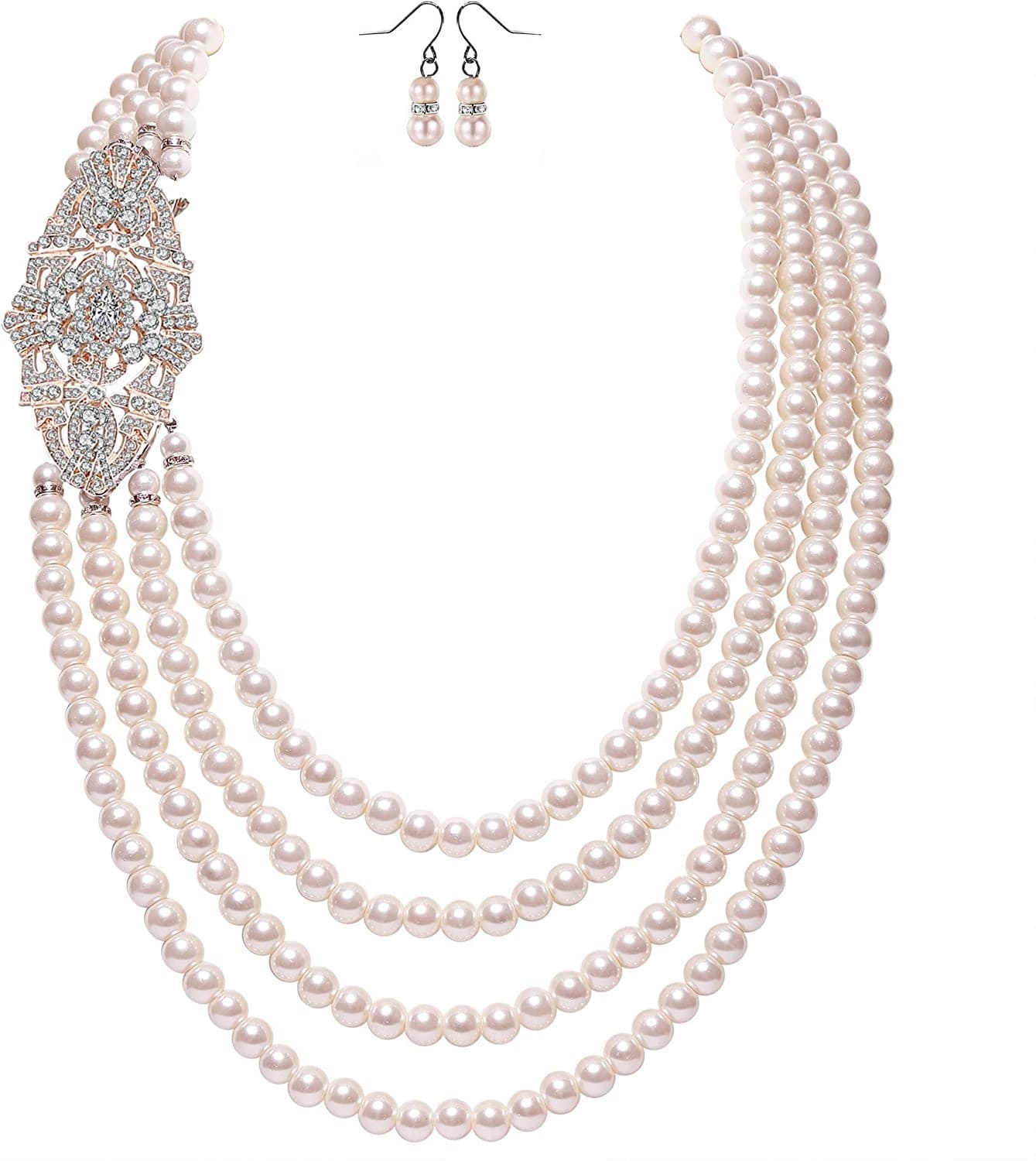 1920S Gatsby Pearl Necklace Vintage Bridal Pearl Necklace Earrings Jewelry Set Multilayer Imitation Pearl Necklace with Brooch Rose Gold1