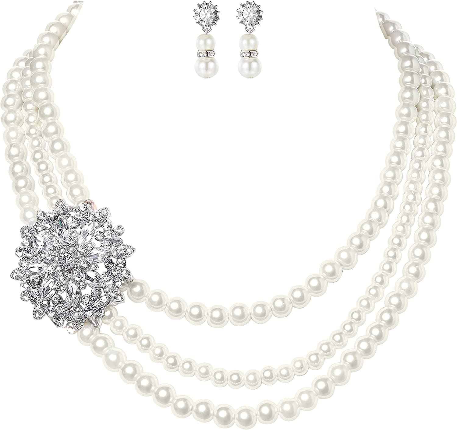 1920S Gatsby Pearl Necklace Vintage Bridal Pearl Necklace Earrings Jewelry Set Multilayer Imitation Pearl Necklace with Brooch Style 3
