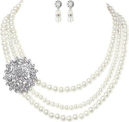 1920S Gatsby Pearl Necklace Vintage Bridal Pearl Necklace Earrings Jewelry Set Multilayer Imitation Pearl Necklace with Brooch Style 3