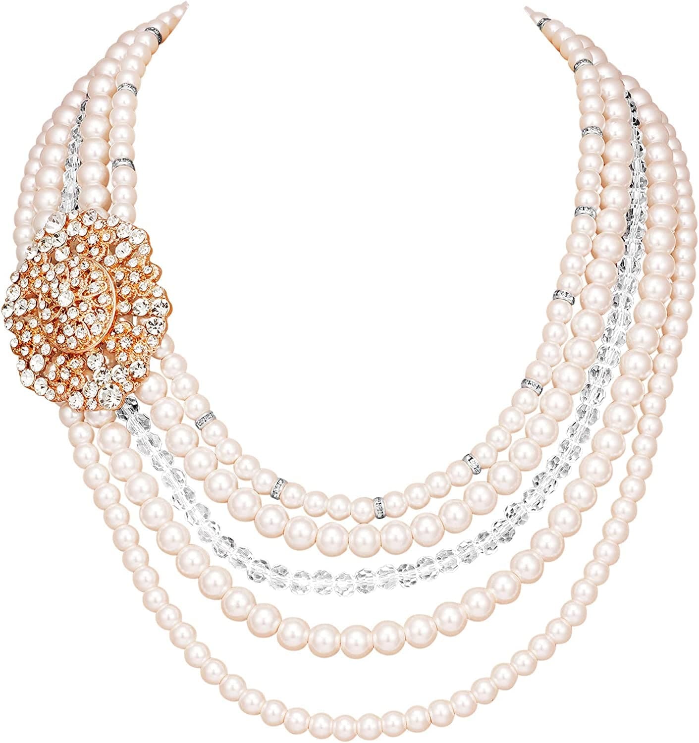 1920S Gatsby Pearl Necklace Vintage Bridal Pearl Necklace Earrings Jewelry Set Multilayer Imitation Pearl Necklace with Brooch Rose Gold3