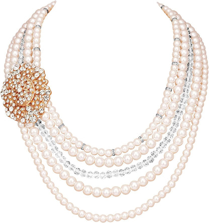1920S Gatsby Pearl Necklace Vintage Bridal Pearl Necklace Earrings Jewelry Set Multilayer Imitation Pearl Necklace with Brooch Rose Gold3