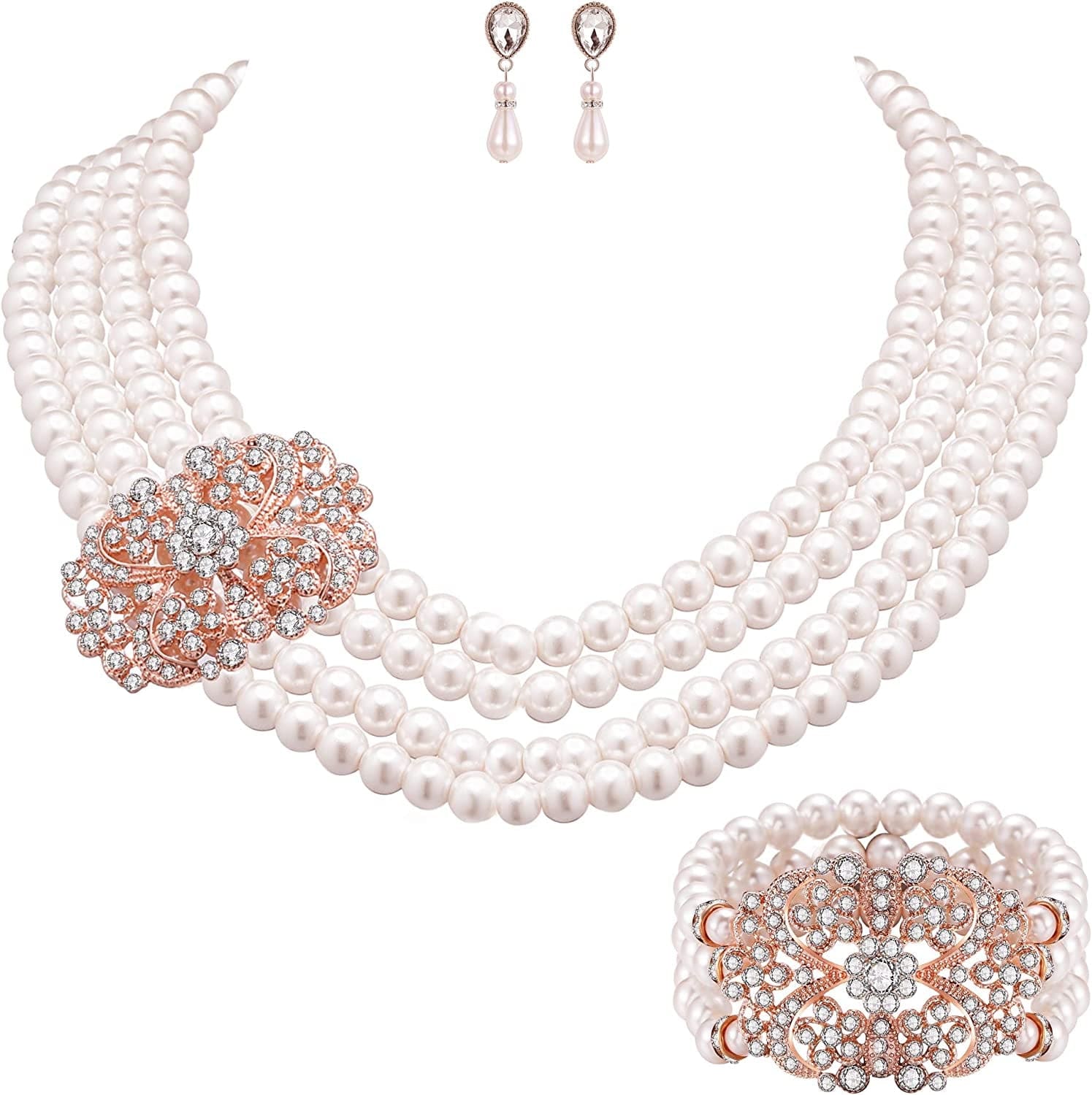 1920S Gatsby Pearl Necklace Vintage Bridal Pearl Necklace Earrings Jewelry Set Multilayer Imitation Pearl Necklace with Brooch Rose Gold5