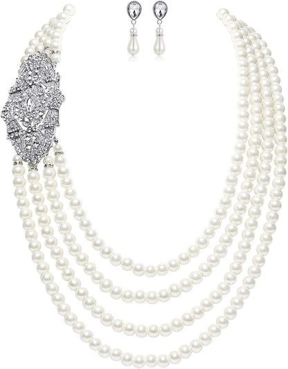 1920S Gatsby Pearl Necklace Vintage Bridal Pearl Necklace Earrings Jewelry Set Multilayer Imitation Pearl Necklace with Brooch Style 2