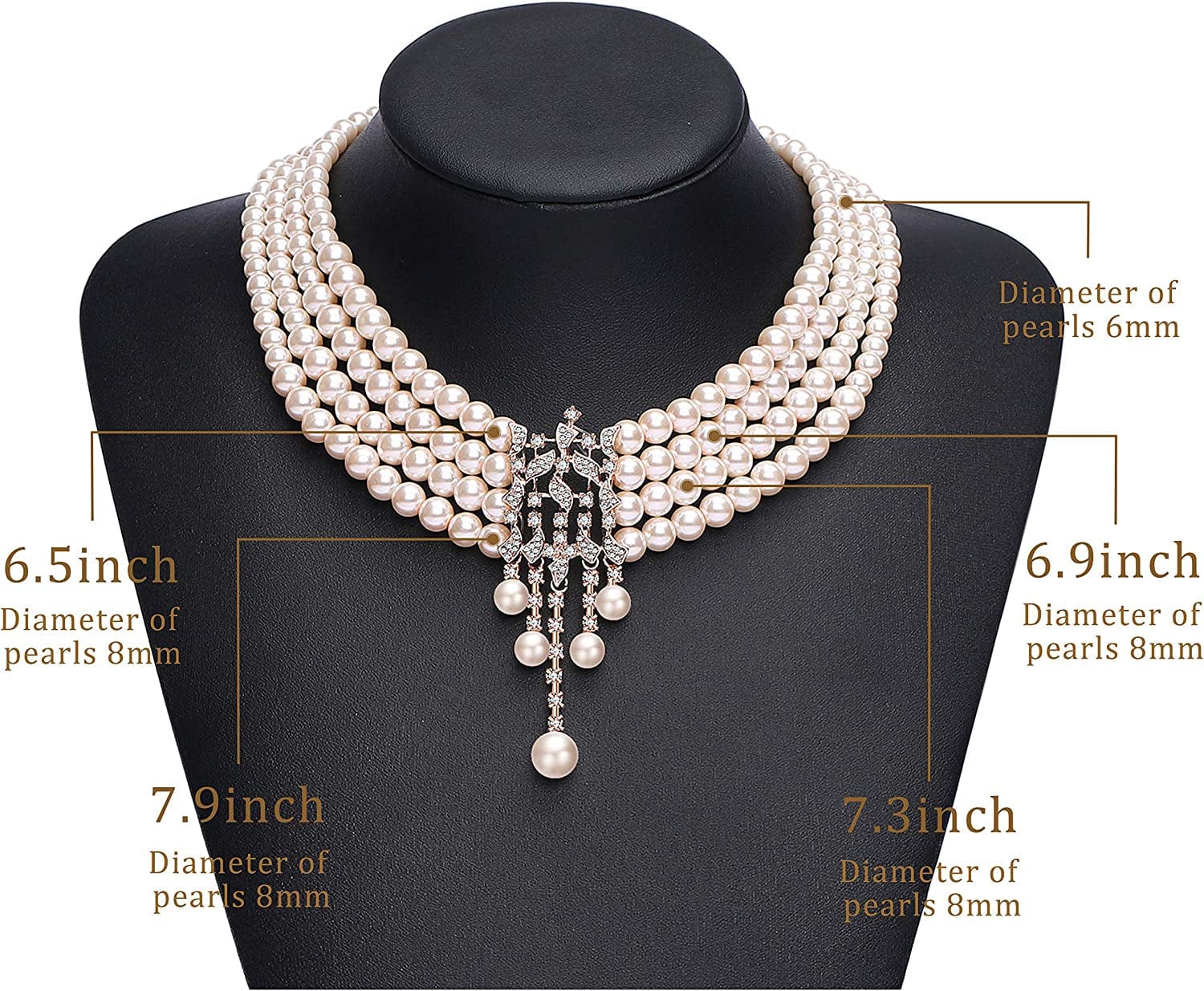 1920S Gatsby Pearl Necklace Vintage Bridal Pearl Necklace Earrings Jewelry Set Multilayer Imitation Pearl Necklace with Brooch