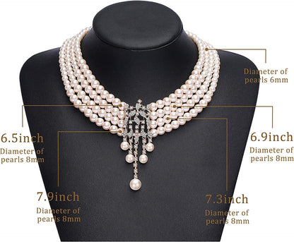 1920S Gatsby Pearl Necklace Vintage Bridal Pearl Necklace Earrings Jewelry Set Multilayer Imitation Pearl Necklace with Brooch