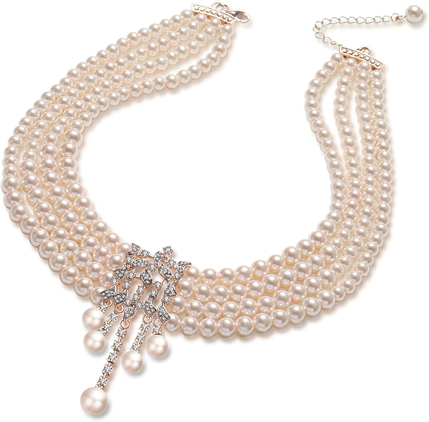 1920S Gatsby Pearl Necklace Vintage Bridal Pearl Necklace Earrings Jewelry Set Multilayer Imitation Pearl Necklace with Brooch