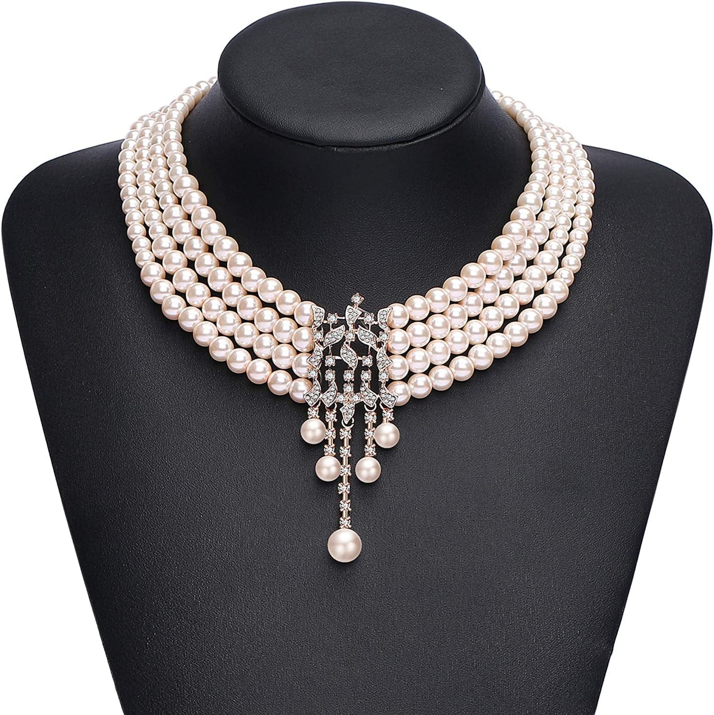 1920S Gatsby Pearl Necklace Vintage Bridal Pearl Necklace Earrings Jewelry Set Multilayer Imitation Pearl Necklace with Brooch