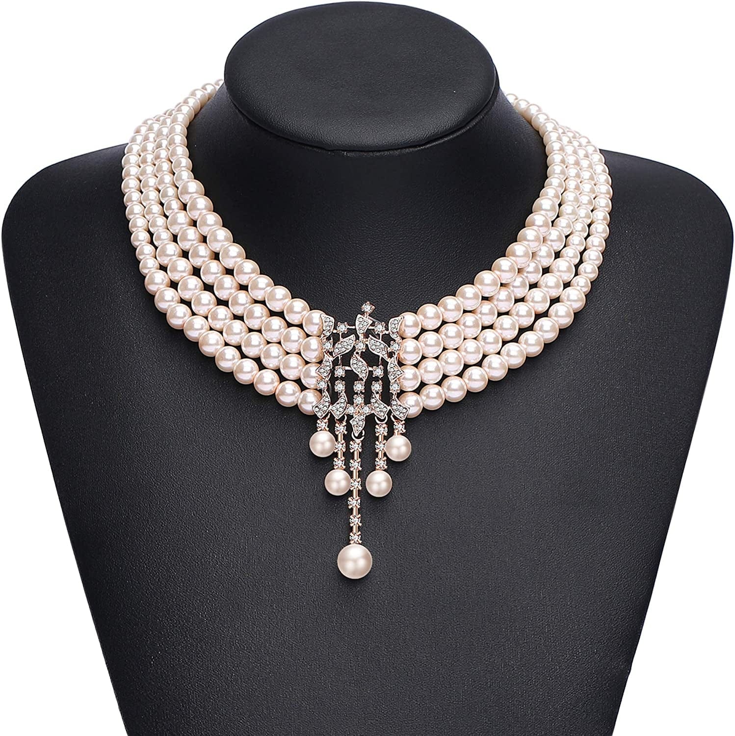 1920S Gatsby Pearl Necklace Vintage Bridal Pearl Necklace Earrings Jewelry Set Multilayer Imitation Pearl Necklace with Brooch