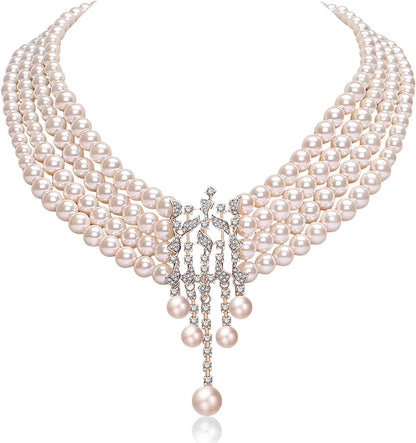 1920S Gatsby Pearl Necklace Vintage Bridal Pearl Necklace Earrings Jewelry Set Multilayer Imitation Pearl Necklace with Brooch Style8-Rose Gold