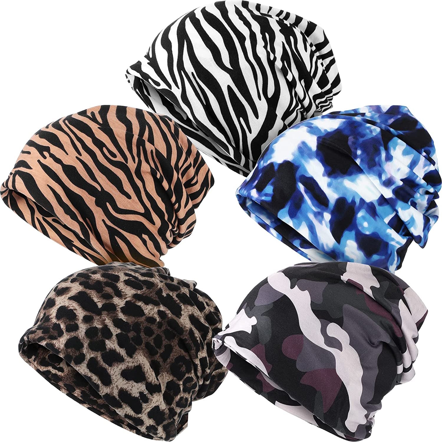 SATINIOR 5 Pieces Women'S Slouchy Beanie Hat Baggy Skull Sleep Cap Turban Headwear Apparel & Accessories > Clothing Accessories > Hats SATINIOR Leopard Style  