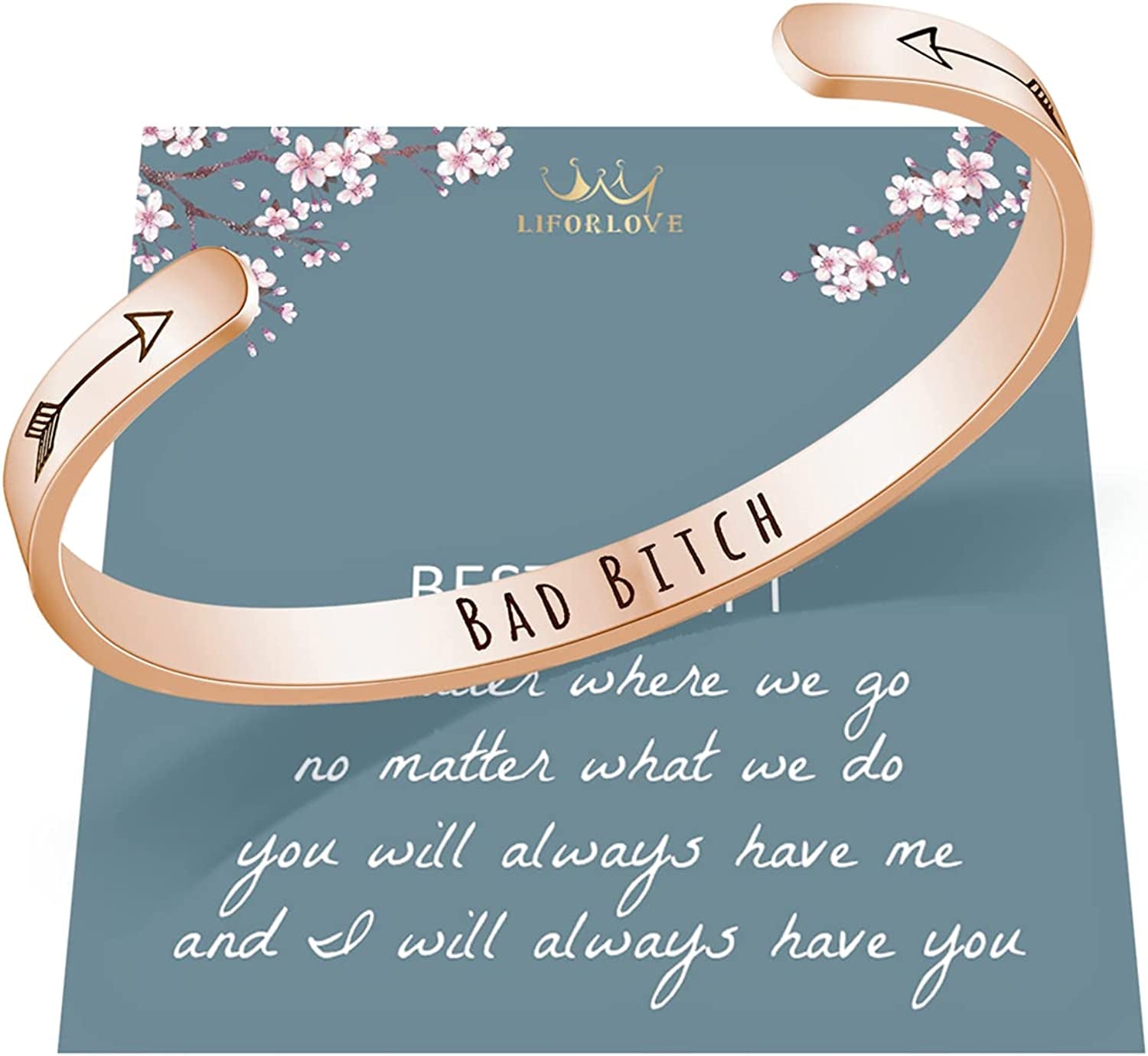 Best Friend Cuff Bracelet for Women Mantra Bracelets Engraved Stainless Steel Cuff Bangle Friendship Jewelry Personalized Gifts for Her Sister BFF Best Friends Apparel & Accessories > Jewelry > Bracelets liforlove Bad Bit#h Rose Gold  