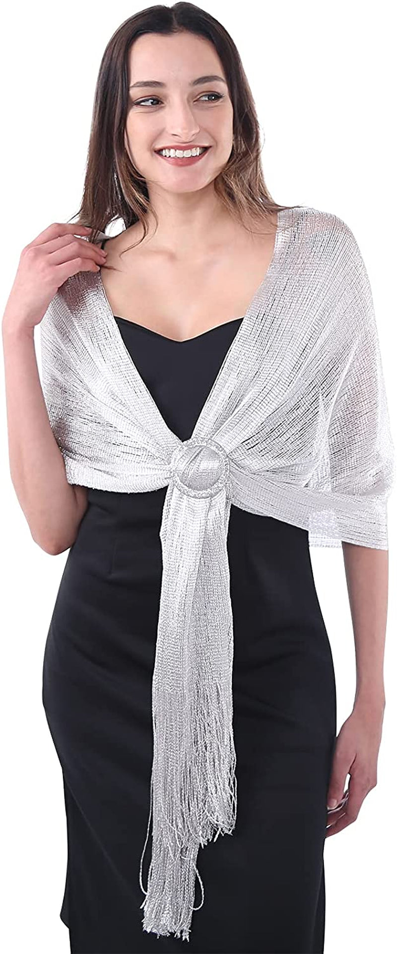 Missshorthair Women'S Sparkle Shawls and Wraps with Buckle for Wedding Party Dresses Apparel & Accessories > Clothing Accessories > Scarves & Shawls MissShorthair Metallic White  