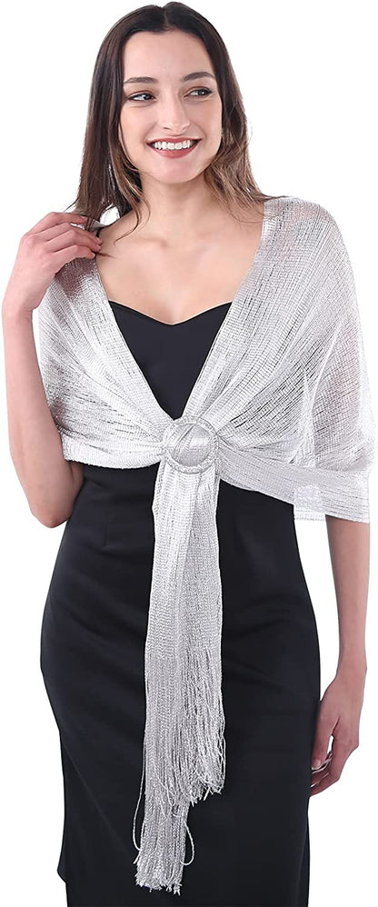 Missshorthair Women'S Sparkle Shawls and Wraps with Buckle for Wedding Party Dresses Apparel & Accessories > Clothing Accessories > Scarves & Shawls MissShorthair Metallic White  