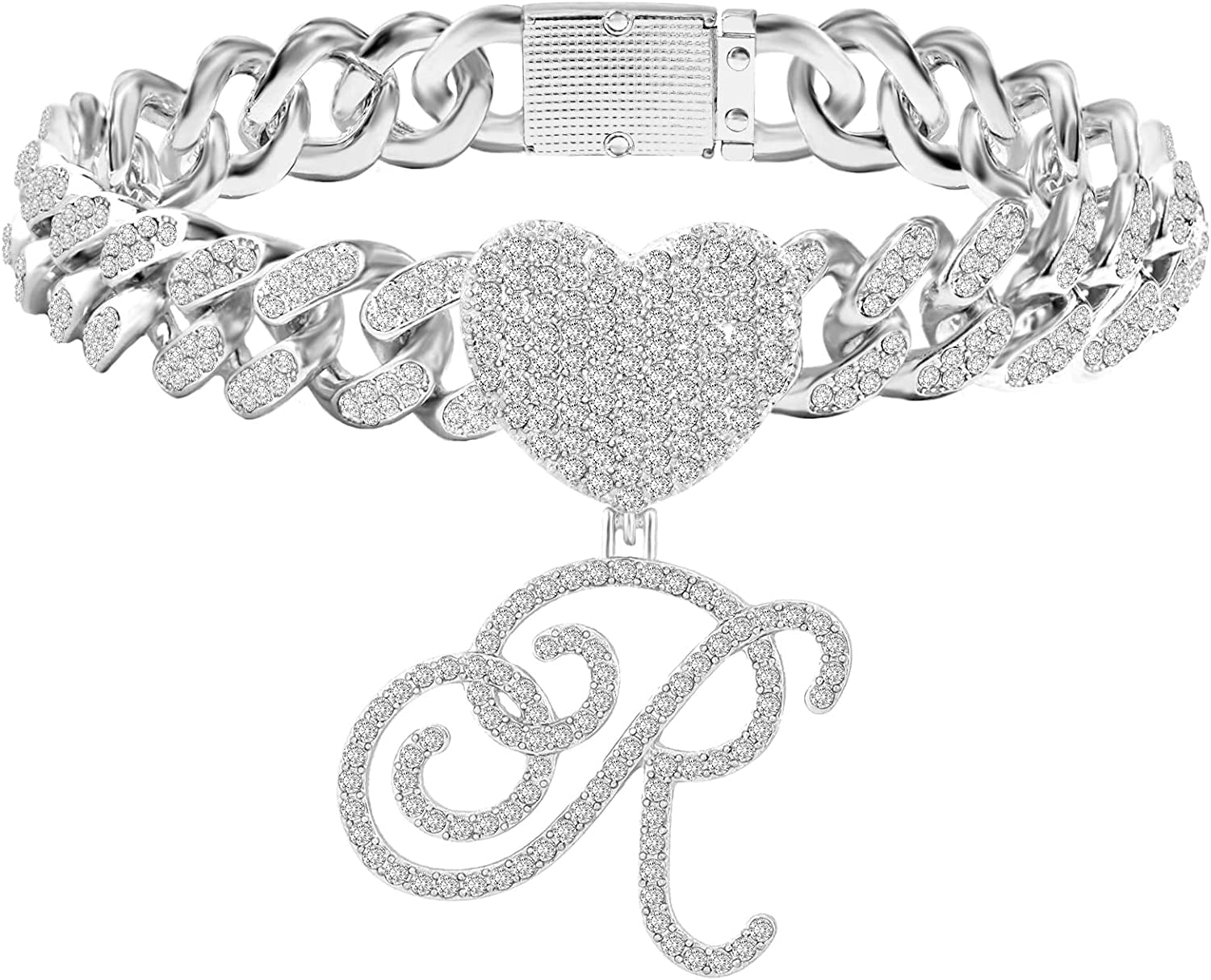 KKJTDS 13Mm Silver Cuban Link Anklets for Women Cursive Pendant Miami Cuban Link Chain Ankle Bracelets for Women Hip Hop Iced Out Letter Chain Anklet Apparel & Accessories > Jewelry > Anklets KKJTDS R  