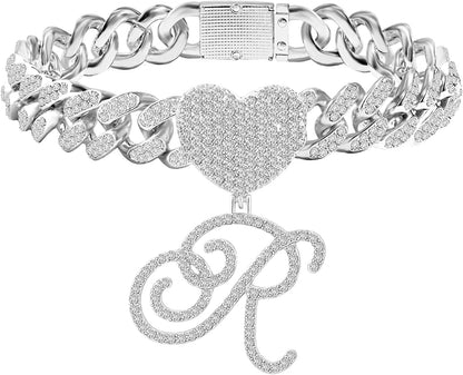 KKJTDS 13Mm Silver Cuban Link Anklets for Women Cursive Pendant Miami Cuban Link Chain Ankle Bracelets for Women Hip Hop Iced Out Letter Chain Anklet Apparel & Accessories > Jewelry > Anklets KKJTDS R  