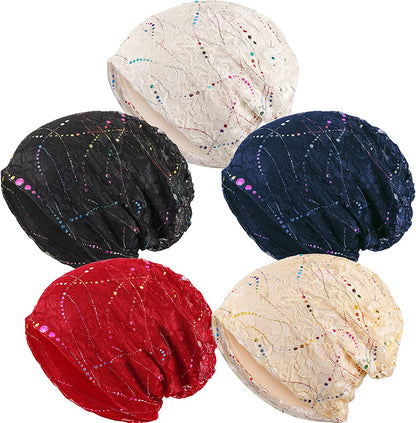 SATINIOR 5 Pieces Women'S Slouchy Beanie Hat Baggy Skull Sleep Cap Turban Headwear Apparel & Accessories > Clothing Accessories > Hats SATINIOR Lace Style  