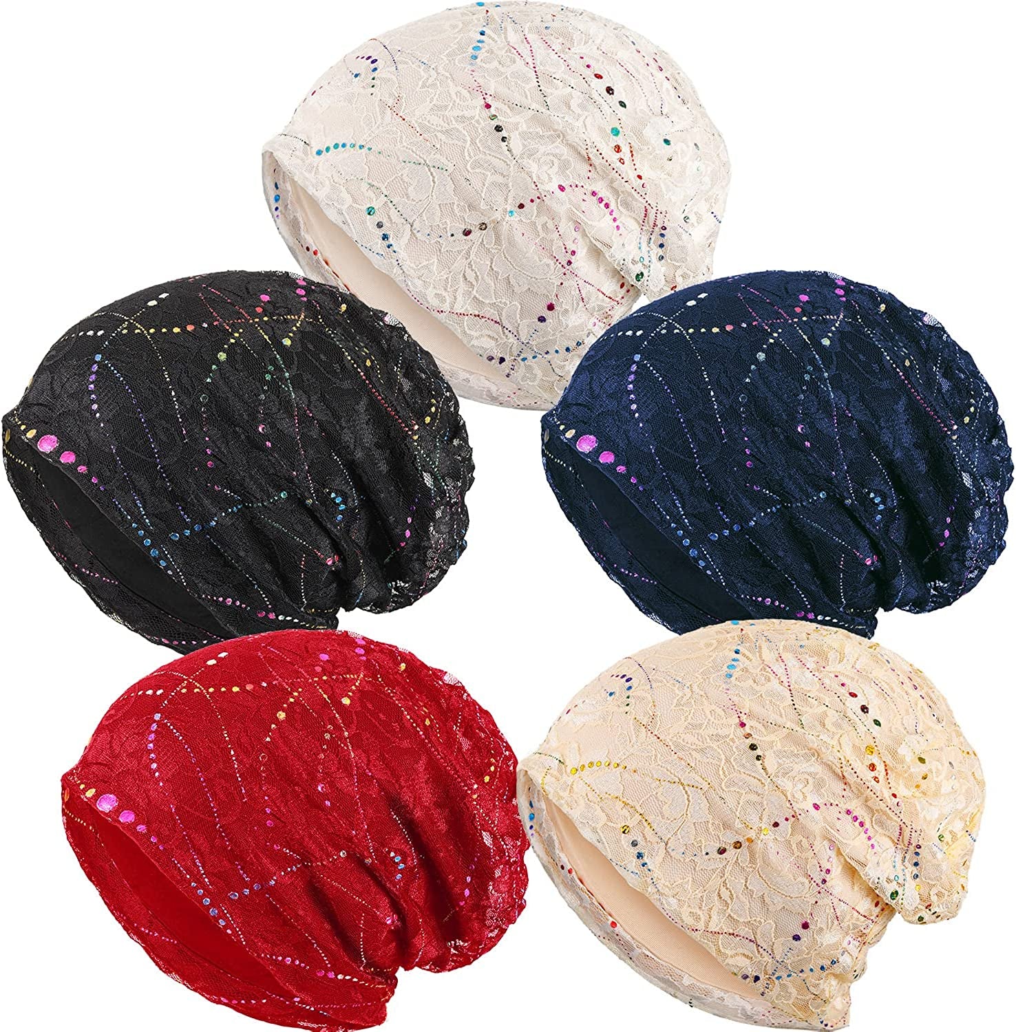 SATINIOR 5 Pieces Women'S Slouchy Beanie Hat Baggy Skull Sleep Cap Turban Headwear Apparel & Accessories > Clothing Accessories > Headwear SATINIOR Lace Style  