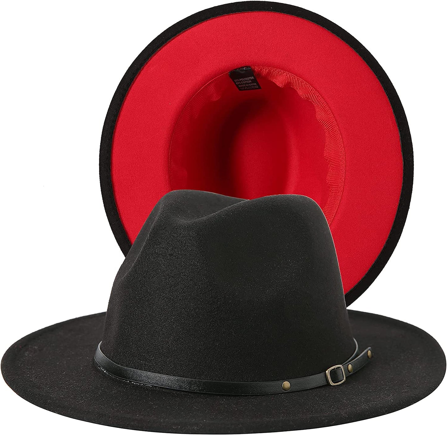 JOYEBUY Women Lady Two Tone Wide Brim Panama Hat Patchwork Colors Classic Fedora Hat with Belt Buckle Apparel & Accessories > Clothing Accessories > Hats JOYEBUY Black/Red One Size 